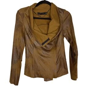 Zara Womens XS Brown Tan Faux Burnished Leather Asymmetrical Jacket Lightweight